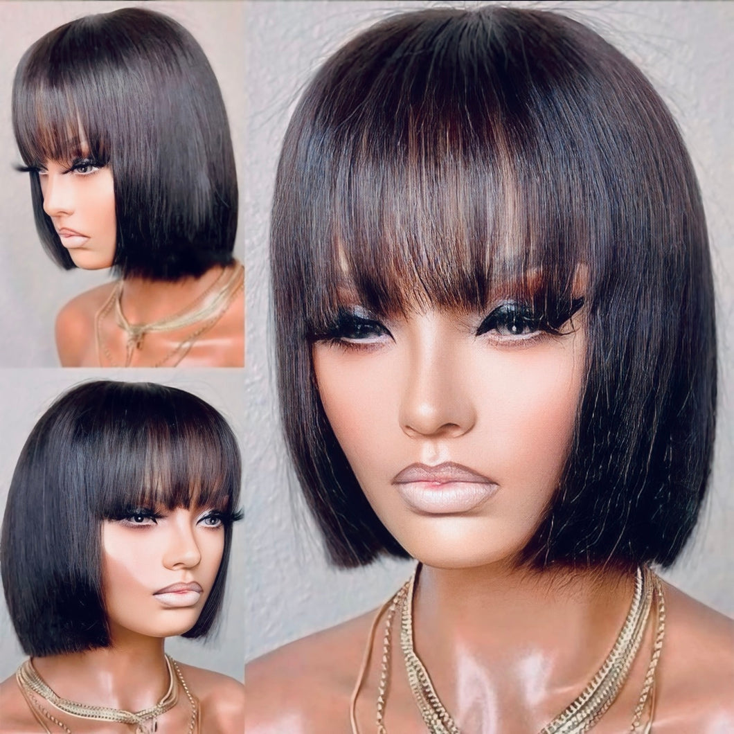 100% Human Hair Straight Brazilian Bob Wig with Bangs: 8 - 16 Inches